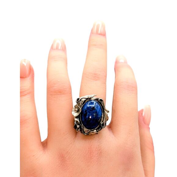Vintage 925 Sterling Silver Lapis Lazuli Flower Vining Metal Work Ring Size 8.25 - Picture 4 of 8